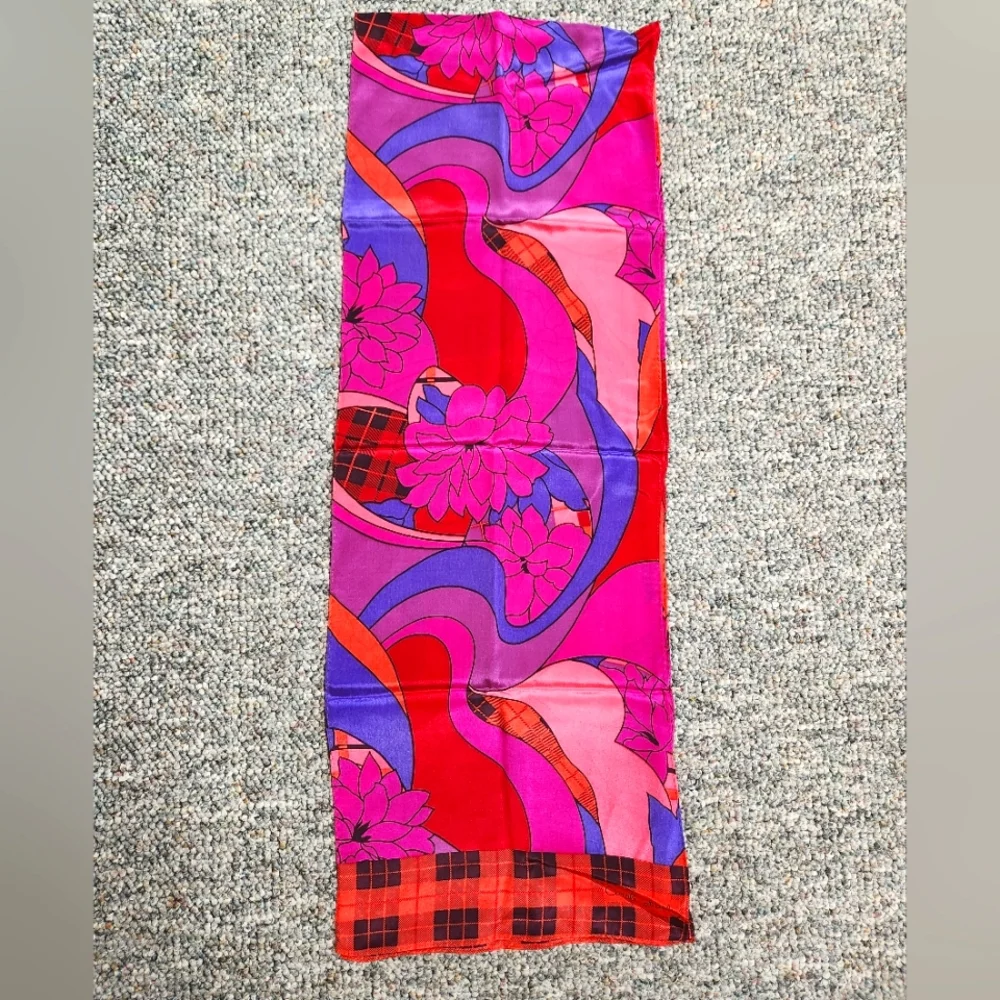 Carole Little Abstract Floral/Plaid Silk Oblong Scarf